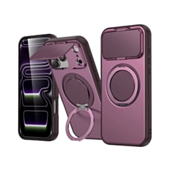 Flip Lens Cover Case with MagSafe Ring Kickstand (Burgundy) for iPhone 17 Pro Max / 18 Pro Max